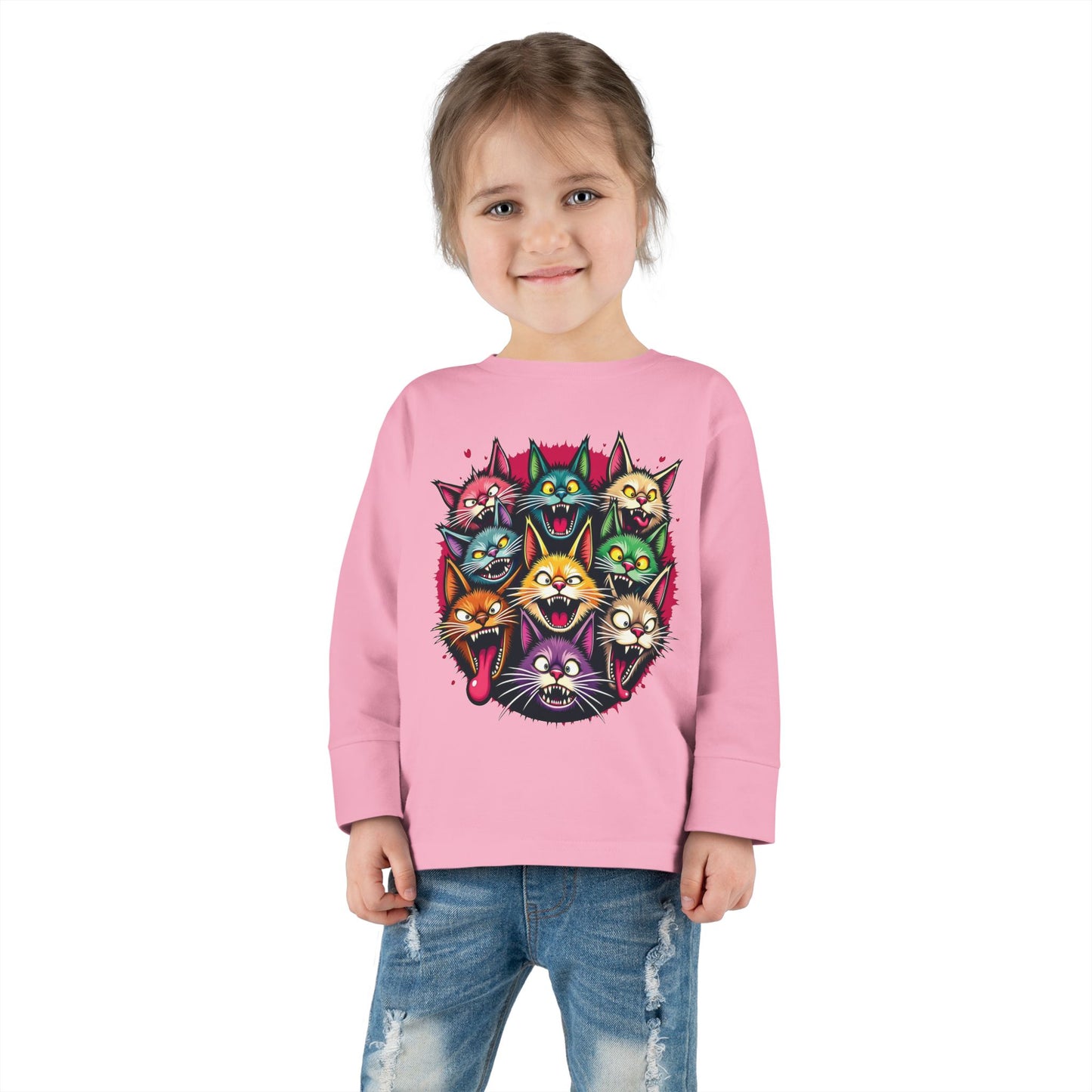 "Crazy Cats" Cat Faces Toddler Long Sleeve Tee.