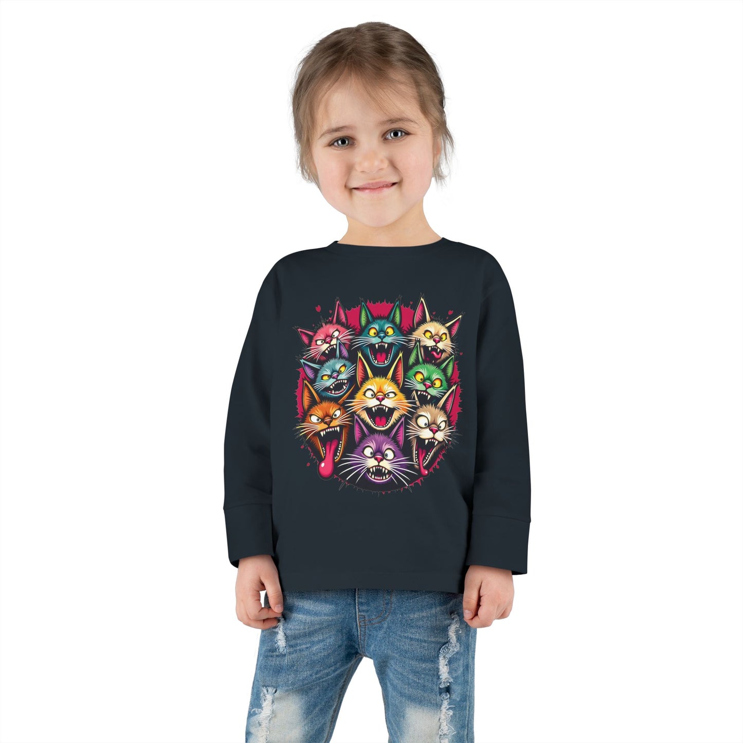 "Crazy Cats" Cat Faces Toddler Long Sleeve Tee.